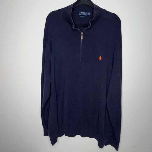 Polo Ralph Lauren Mens 3XLT Navy Blue Orange Embroidered Pony 1/4 Zip Sweater - Picture 1 of 6